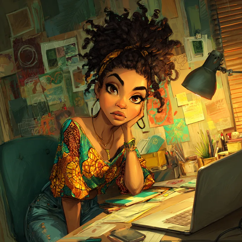 Amara staring at her laptop screen in frustration — the moment her bank card got declined before a big client call