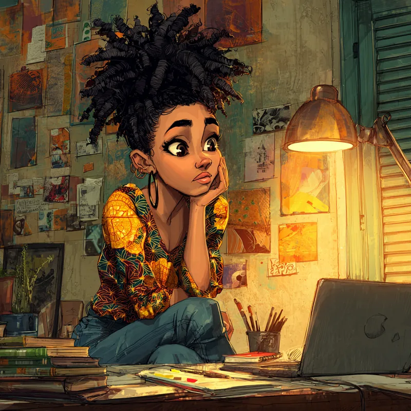 Amara working confidently at her desk in Lagos — freelance designer with her tools and subscriptions sorted