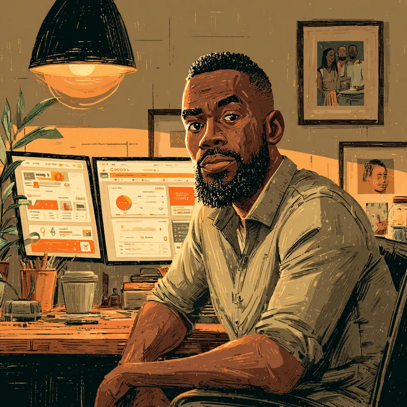 Tunde Adeyemi at his agency office in Abuja — digital marketing professional with ad dashboards and family photos on the wall