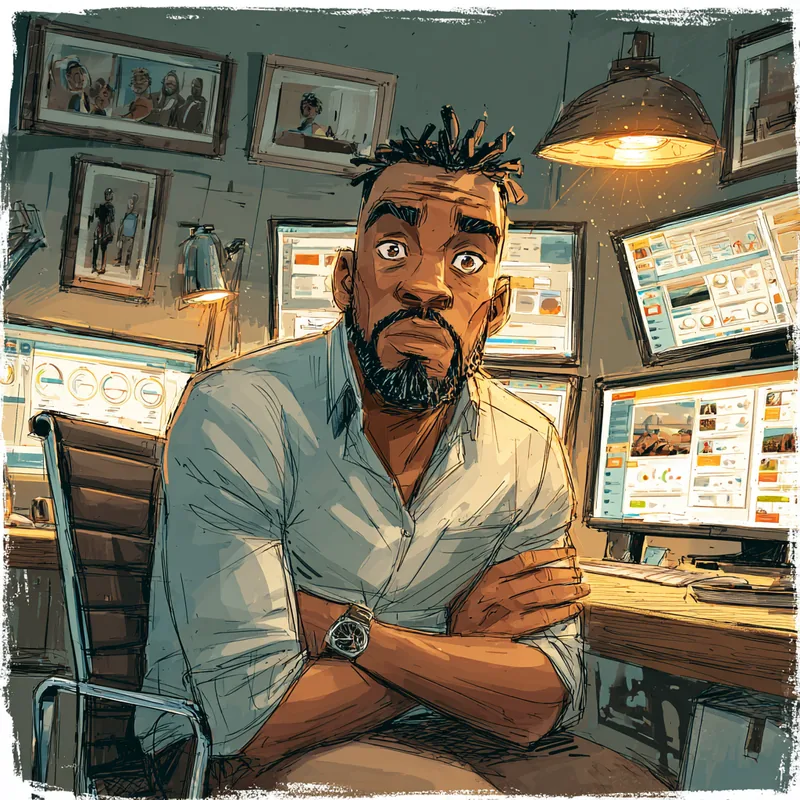 Tunde working late at his desk in Abuja — reviewing ad campaign data across multiple screens with a concerned expression